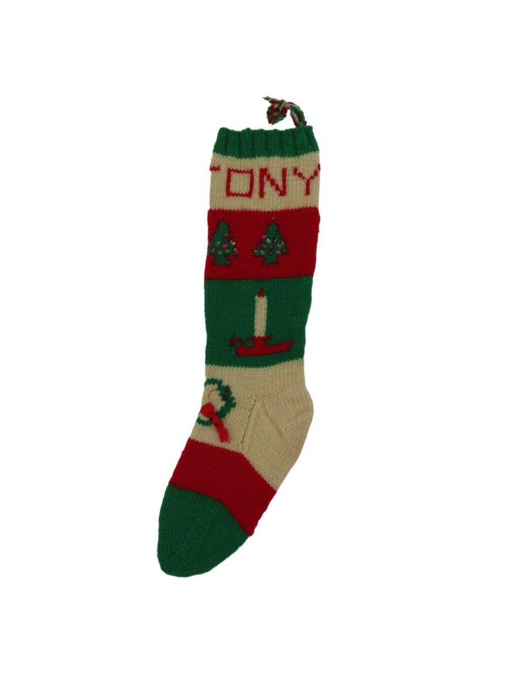 VTG Handmade TONY Red Green Knit Christmas Stocking Holiday Decor Xmas Sequins